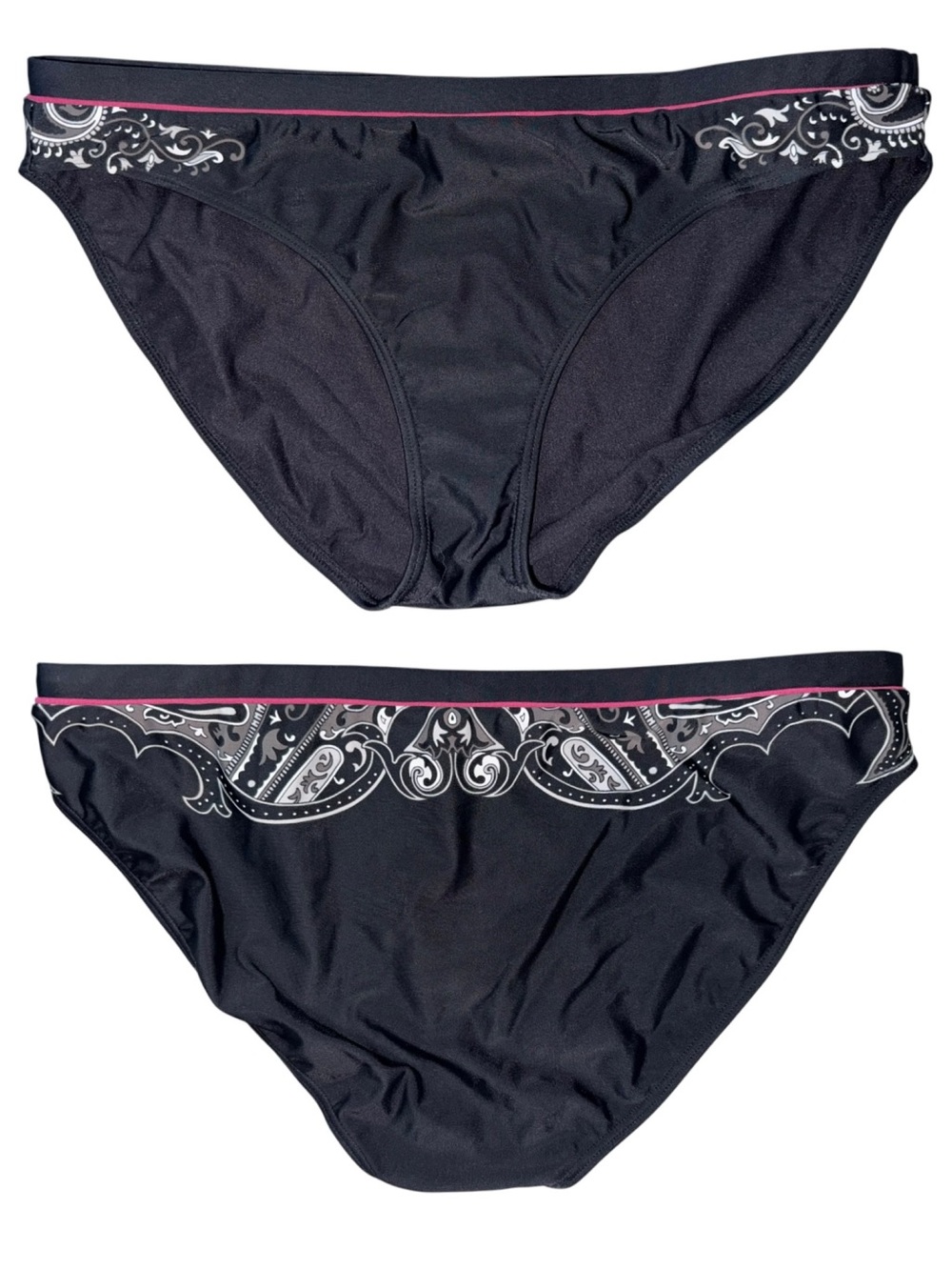 ATHLETA Black with Pink Trim and White Paisley Bikini Bottoms Size Extra Large